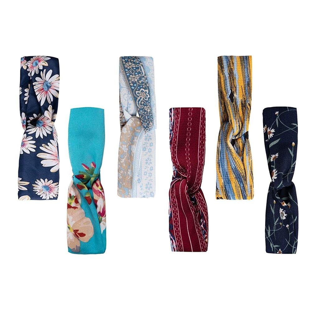 6 Pack Women Elastic Flower Printed Turban Head Wrap Headband Twisted Hair Band